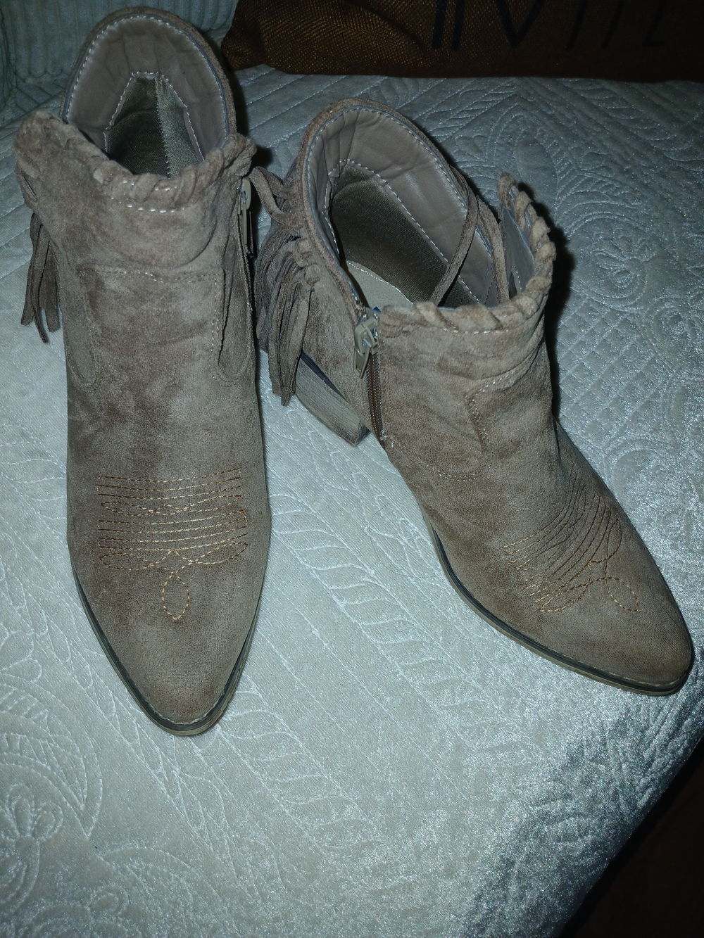 Natural Reflections Taupe Suede Fringe Ankle Booties